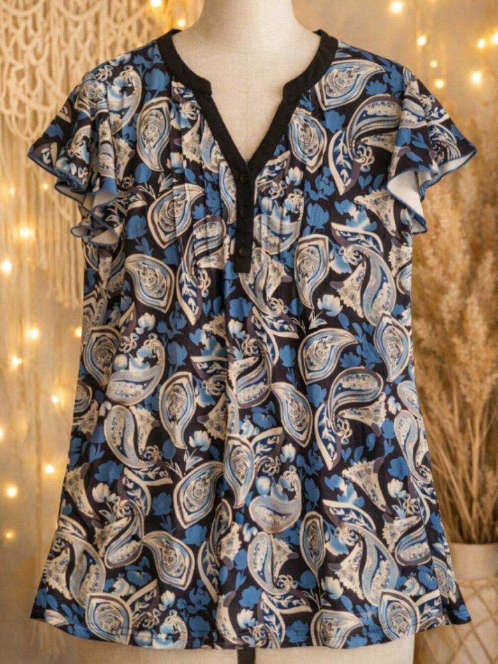 Furnex Blue Paisley Top Shirt L Boho Retro Casual Flowy White Brown Floral